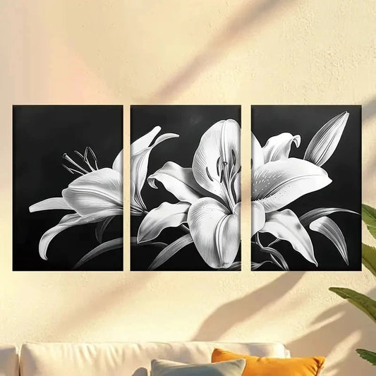 3pcs Dark Black And White Lily Wall Art Set Canvas Framed 50x70cm - High Quality Print 100% Australian Made Wall Canvas Ready to Hang