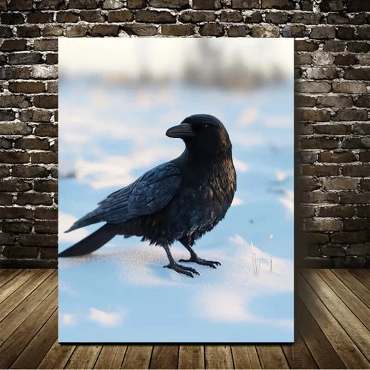 Medieval Style Crow on Snow Painting  40x60cm Metal Print Ready to Hang - Bella Home Decor