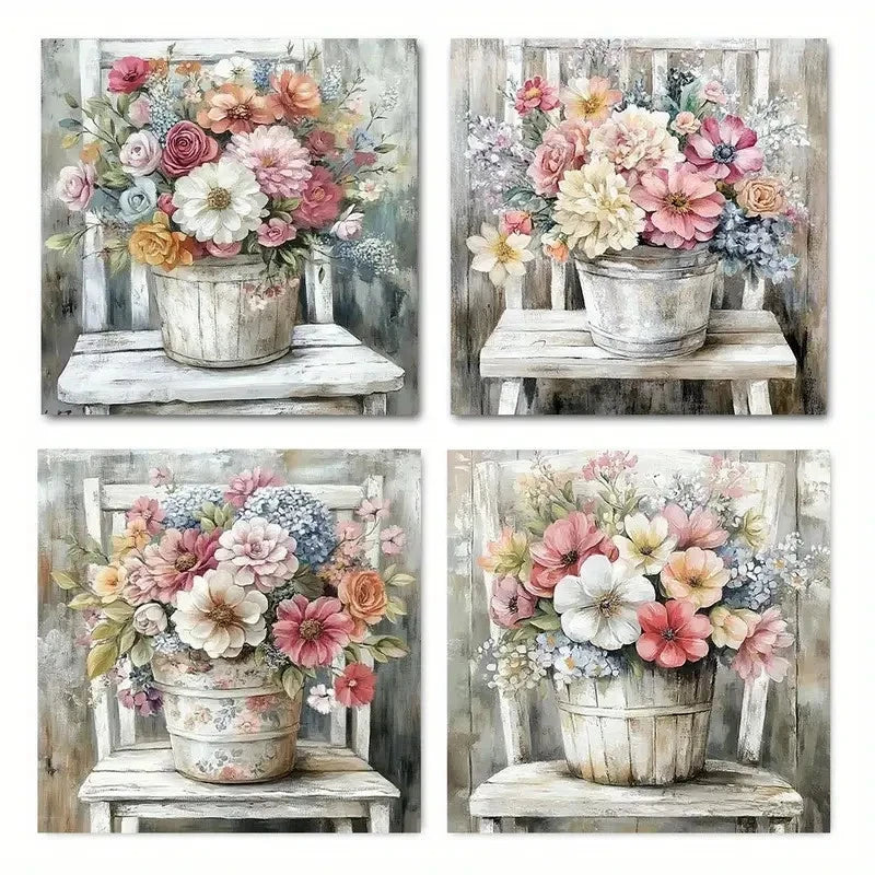 4pcs Colorful Flower Suitable Wall Art Canvas Framed