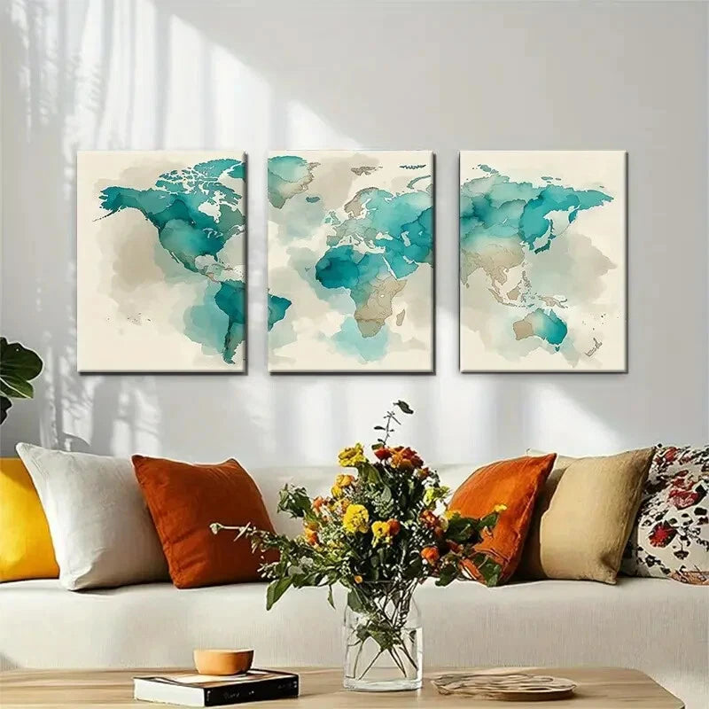 3pcs Abstract Global Map Teal and Beige Tones Metal Print Ready to Hang Art - Bella Home Decor