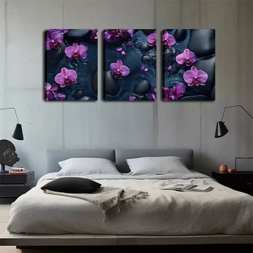 3pcs Black Pebbles & Purple Orchids Triptych Wall Art Canvas Unframed - High Quality Print 100% Australian Made Wall Canvas - Bella Home Decor