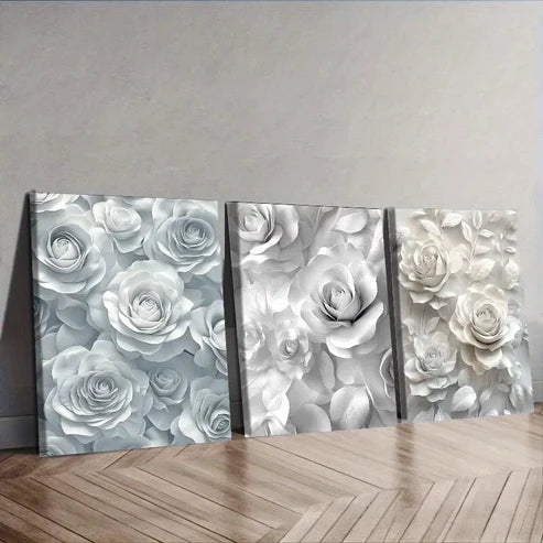 3 PCS White Roses Canvas Wall Art Set Canvas Unframed - High Quality Print 100% Australian Made Wall Canvas