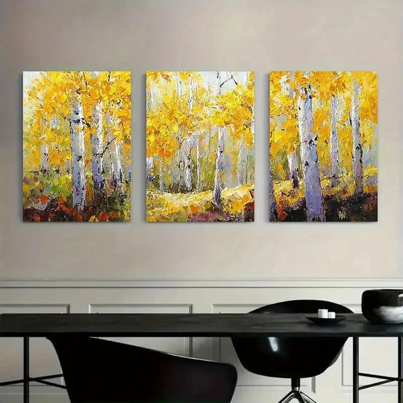 3pcs Autumn Aspen Grove Oil Painting Poster Metal Print Ready to Hang Art - Bella Home Decor