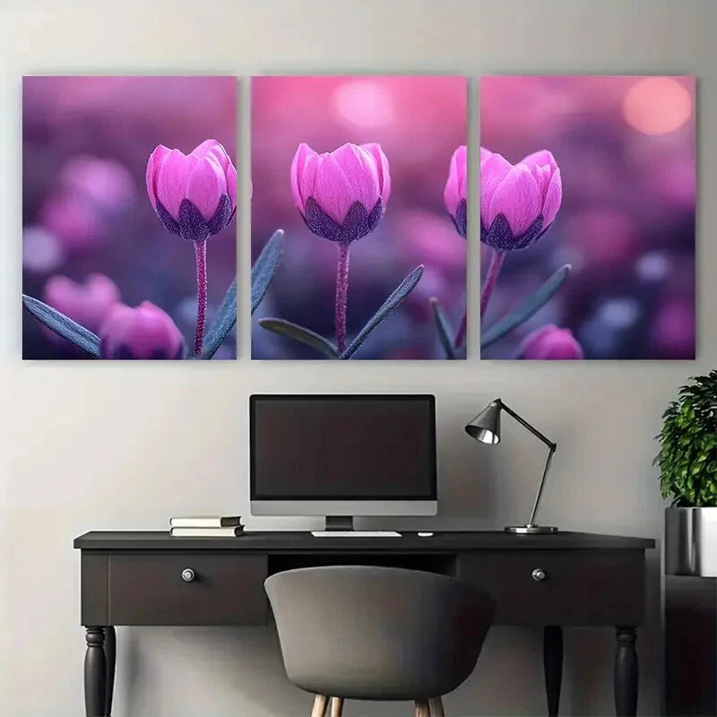 3pcs Small Purple Pink Flower Buds Metal Print Ready to Hang Art - Bella Home Decor
