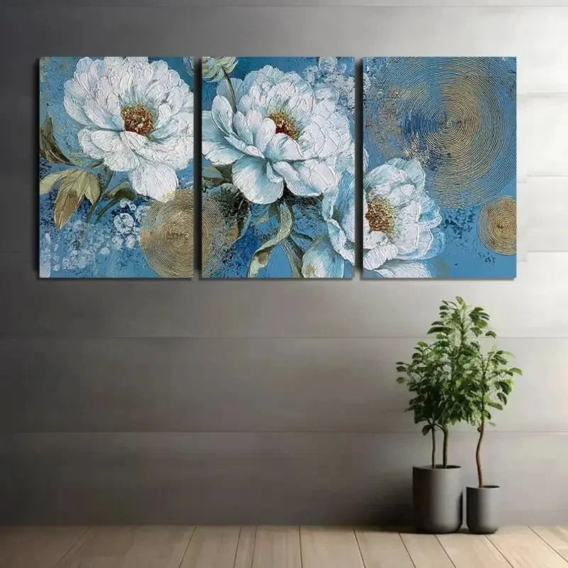 3pcs Golden and Blue Floral Design Metal Print Ready to Hang Art - Bella Home Decor