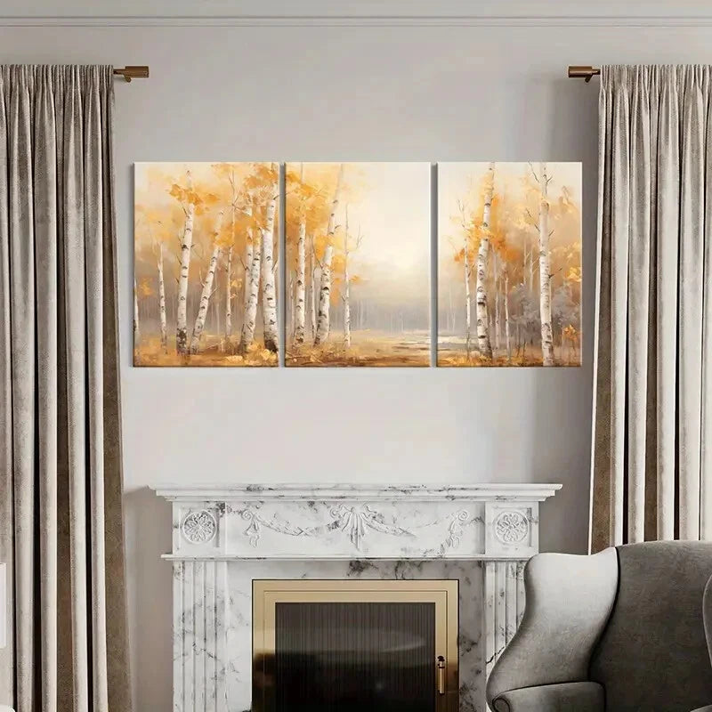 3pcs Autumn Forest Birch Trees Golden Leaves Metal Print Ready to Hang Art - Bella Home Decor