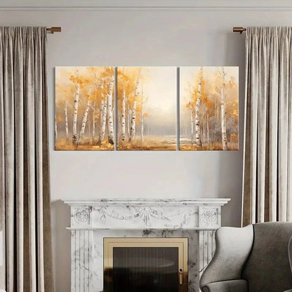 3pcs Autumn Forest Birch Trees Golden Leaves Metal Print Ready to Hang Art - Bella Home Decor
