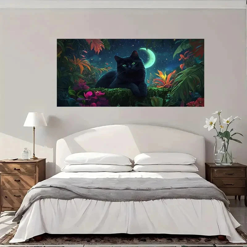 Black Cat Moonlit Garden Wall Art Canvas Office Home Room Framed 120x60cm