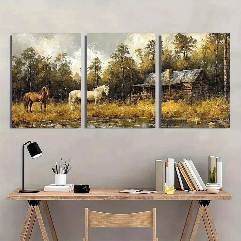 3pcs Green Forest Cabin Horse Abstract Painting Wall Art Set Canvas Framed 40x60cm - High Quality Print 100% Australian Made Wall Canvas Ready to Hang - Bella Home Decor