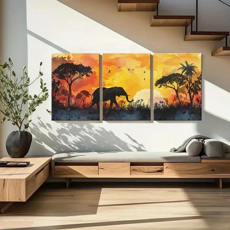 3pcs African Sunset Silhouette Elephant Landscape Metal Print Ready to Hang Art - Bella Home Decor