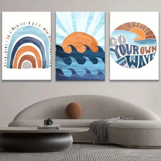 3pcs Rainbow Wave Sun Theme Metal Print Ready to Hang Art