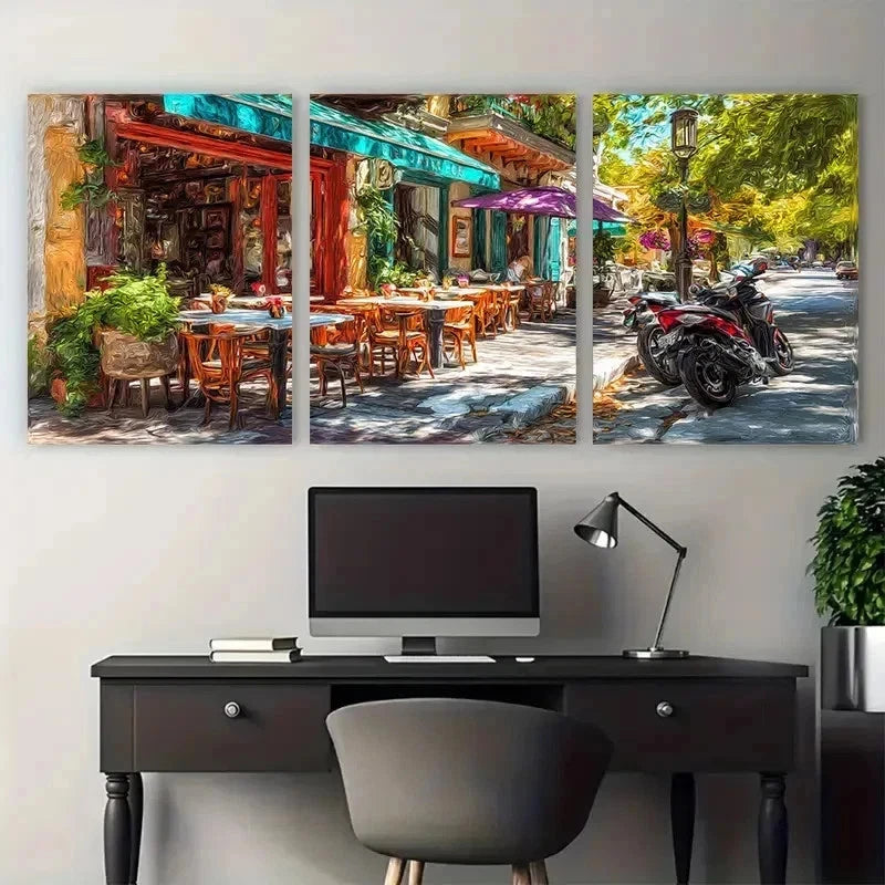 3pcs Street Cafe Perfect Wall Art Set Canvas Framed 50x70cm - High Quality Print 100% Australian Made Wall Canvas Ready to Hang