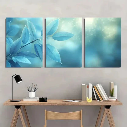 3pcs Blue White & Green Leaf Design Wall Art Set Canvas Unframed - High Quality Print 100% Australian Made Wall Canvas - Bella Home Decor