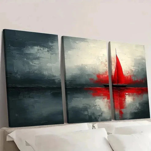 3pcs Red Gray and White Abstract IP Wall Art Canvas Unframed - High Quality Print 100% Australian Made Wall Canvas - Bella Home Decor