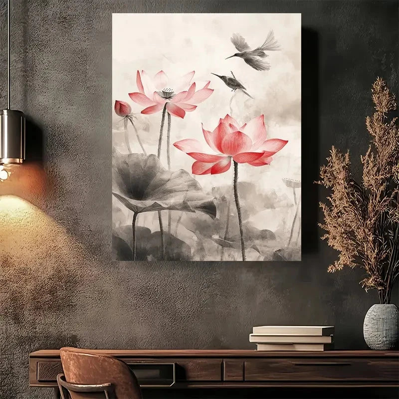 Beautiful Elegant For Lotus Blossom & Birds Painting 40x60cm Metal Print Ready to Hang - Bella Home Decor