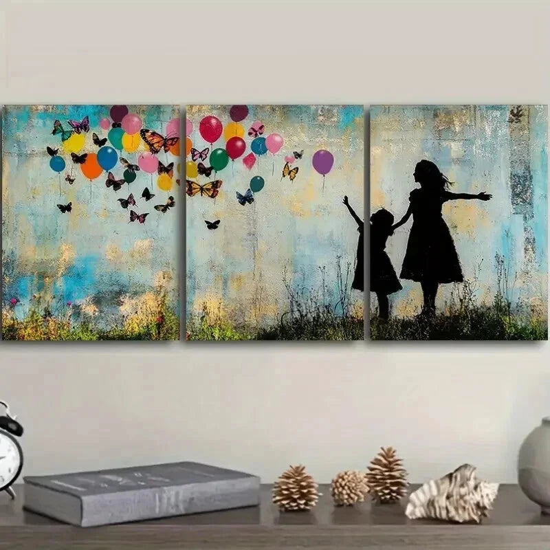 3pcs Little girl and butterfly balloon Wall Art Set Canvas Framed 50x70cm - High Quality Print 100% Australian Made Wall Canvas Ready to Hang