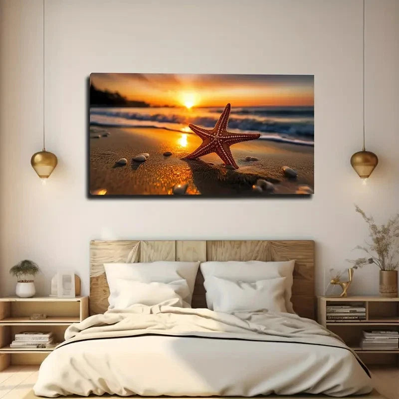 Starfish & Serene Ocean Wall Art Canvas Office Home Room Framed 120x60cm