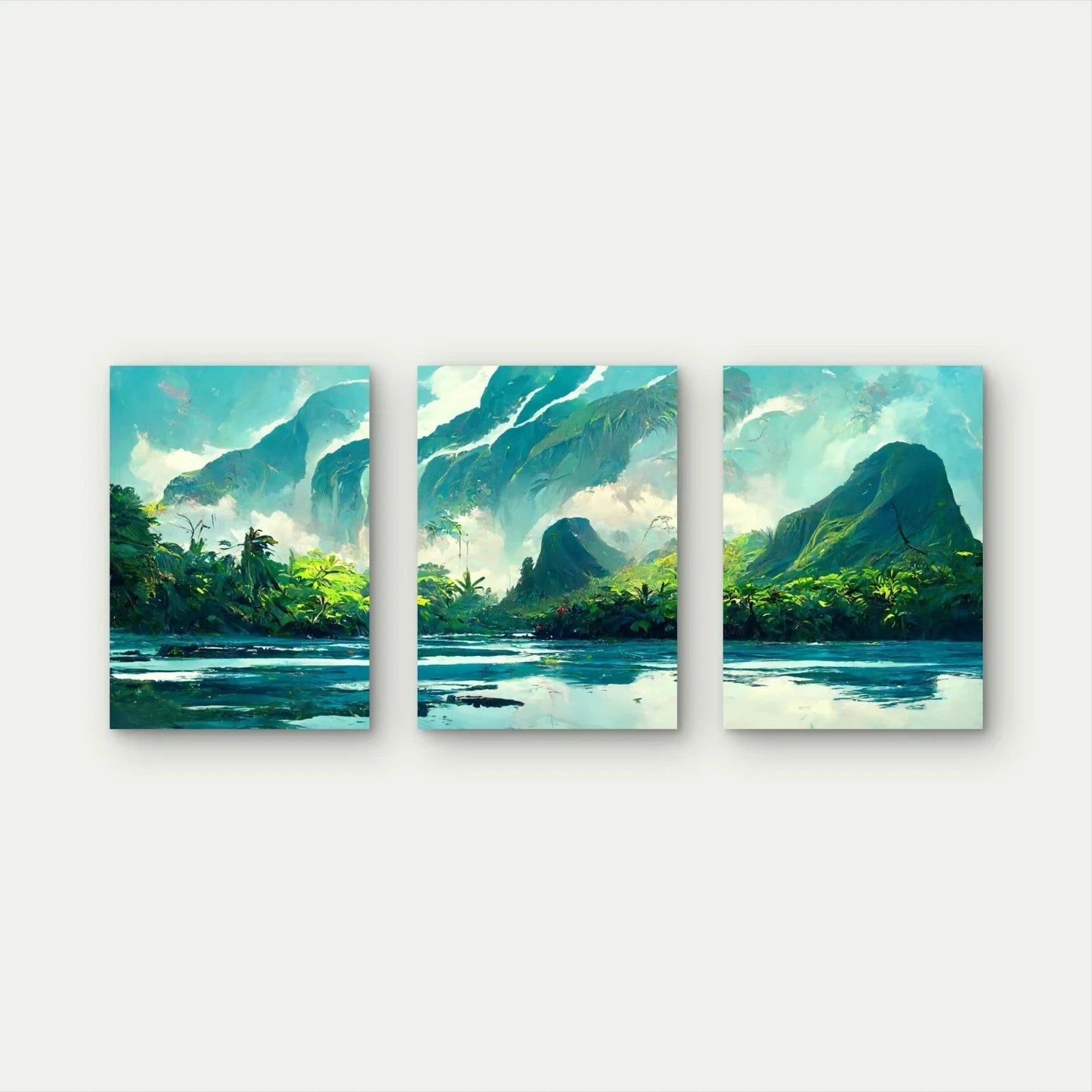 3pcs Tropical Teal Watercolor Mountain Island Wall Art Set Canvas Framed 50x70cm - High Quality Print 100% Australian Made Wall Canvas Ready to Hang - Bella Home Decor