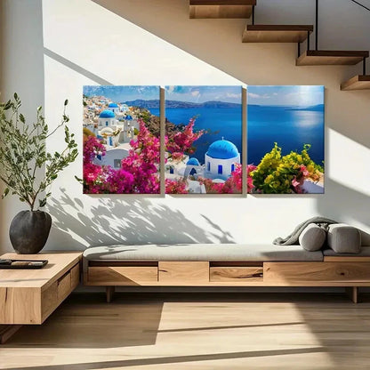3pcs Santorini Landscape White Buildings Metal Print Ready to Hang Art - Bella Home Decor