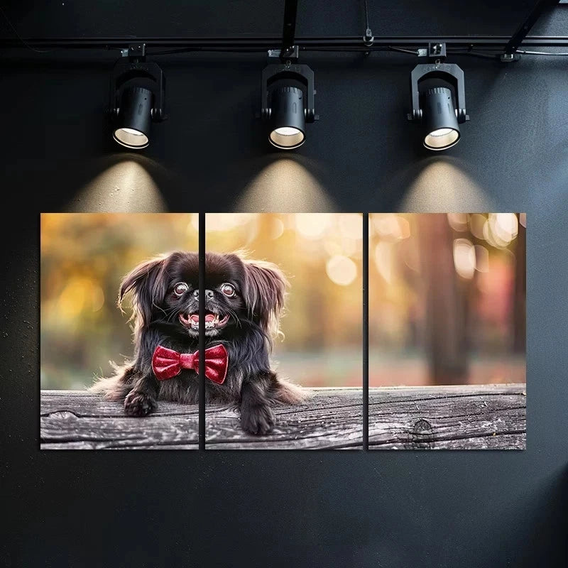 3pcs Cute Pekingese Dog Wearing A Red Velvet Bow Metal Print Ready to Hang Art