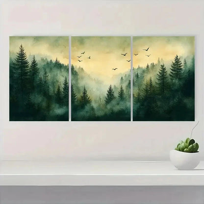 3pcs Pine Tree Forest Watercolor Landscape Art Metal Print Ready to Hang Art - Bella Home Decor