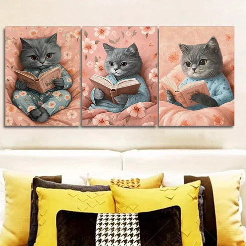 3pcs Featuring A Cat Reading Wall Art Canvas Unframed - High Quality Print 100% Australian Made Wall Canvas