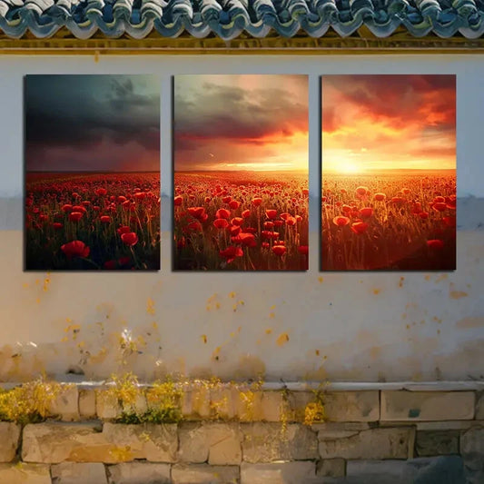 3pcs Vibrant Flower Fields and Sunset Sky Metal Print Ready to Hang Art