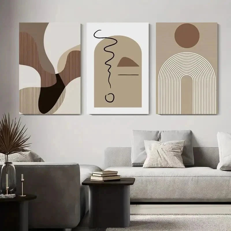 3pcs Abstract Beige Geometric Metal Print Ready to Hang Art - Bella Home Decor