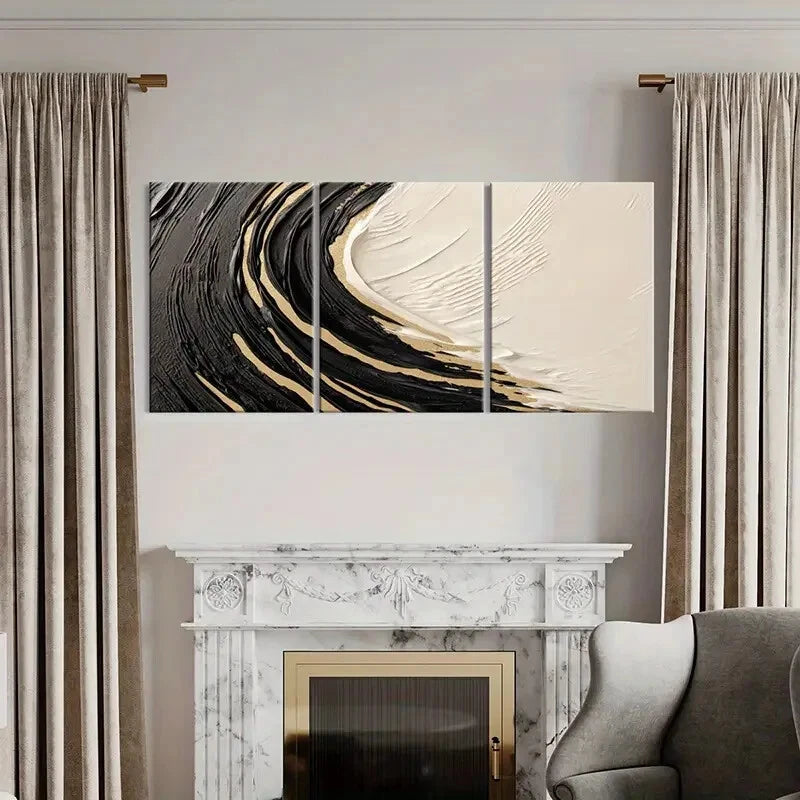 3pcs Abstract Art Black White Golden Swirl Design Metal Print Ready to Hang Art - Bella Home Decor