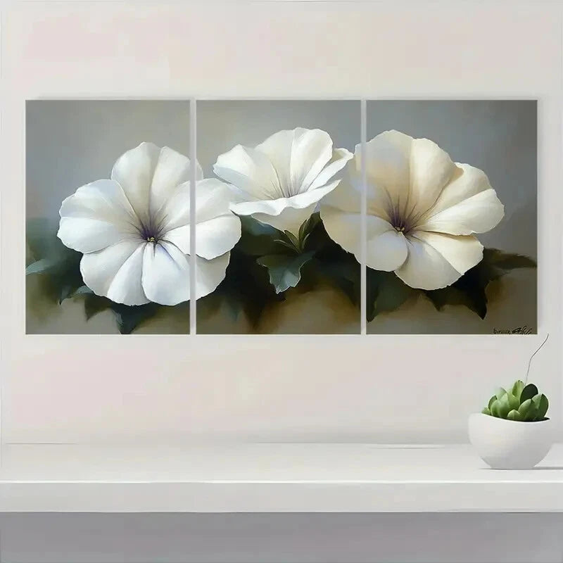 3pcs Serene Floral Elegant White Petunia Metal Print Ready to Hang Art - Bella Home Decor