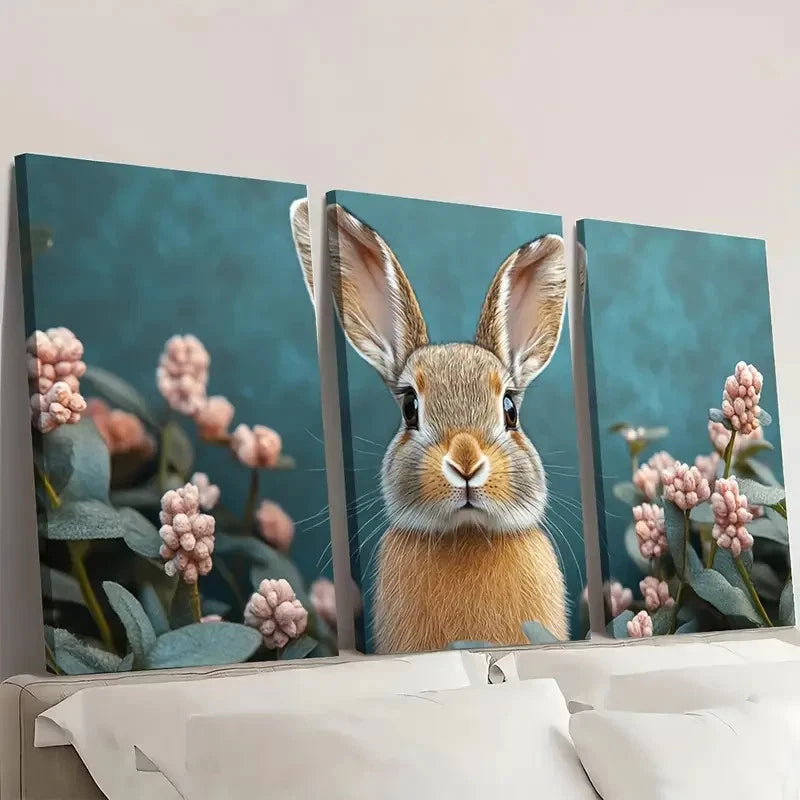 3pcs Boho Rabbit Pink Flowers & Green Leaves F  Wall Art Set Canvas Framed 60x90cm - High Quality Print 100% Australian Made Wall Canvas Ready to Hang - Bella Home Decor