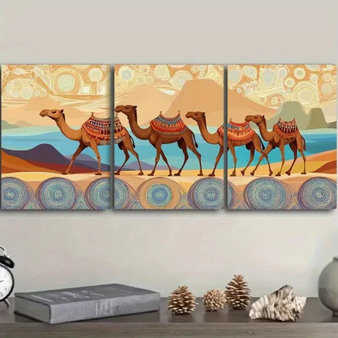 3pcs Decor with Camels, Dunes & Sunset Wall Art Set Canvas Unframed - High Quality Print 100% Australian Made Wall Canvas - Bella Home Decor