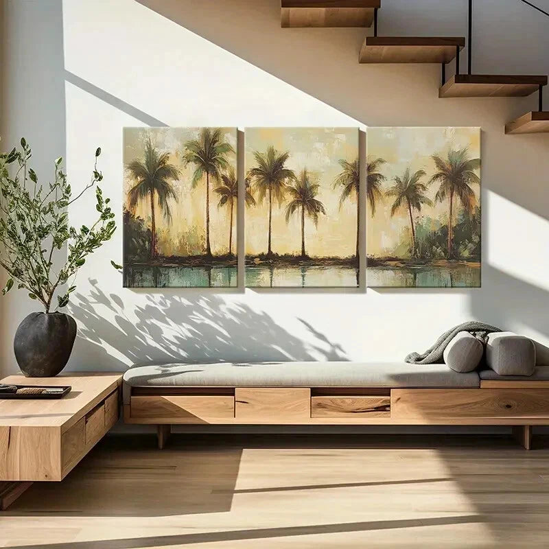 3pcs Tropical Palm Trees Sunset Reflection Metal Print Ready to Hang Art - Bella Home Decor