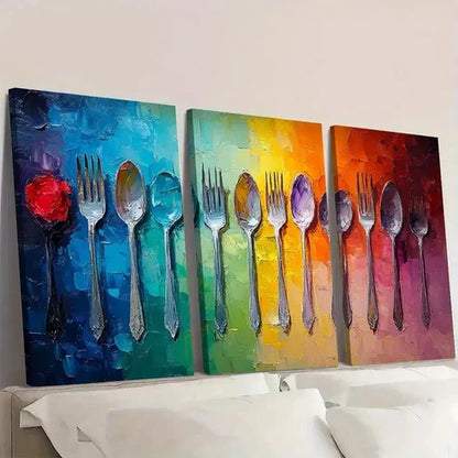3pcs Vibrant Painting of Spoons and Forks F Wall Art Set Canvas Unframed - High Quality Print 100% Australian Made Wall Canvas - Bella Home Decor