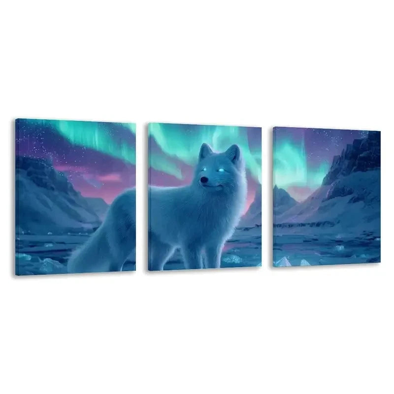 3pcs White Fox with Glowing Blue Eyes   Wall Art Set Canvas Framed 40x60cm - High Quality Print 100% Australian Made Wall Canvas Ready to Hang - Bella Home Decor