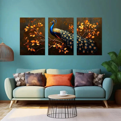 3pcs Peacock and Autumn Leaves Metal Print Ready to Hang Art