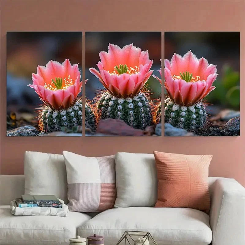 3pcs Small Pink Flowers in Wild Cactus Photography Metal Print Ready to Hang Art
