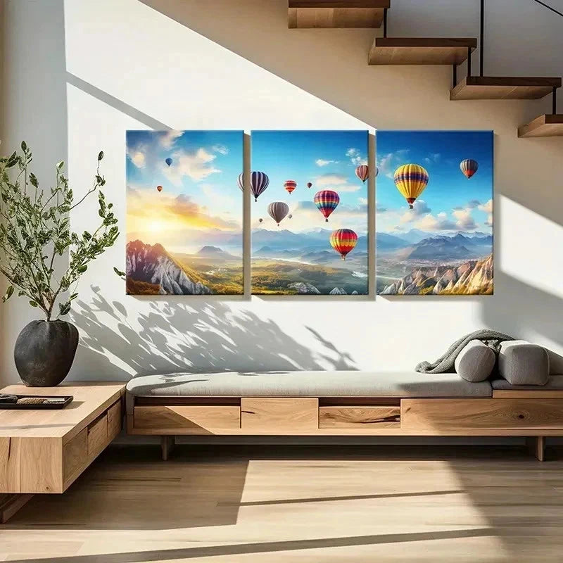 3pcs Vibrant Hot Air Balloon Mountain   Wall Art Set Canvas Framed 40x60cm - High Quality Print 100% Australian Made Wall Canvas Ready to Hang - Bella Home Decor