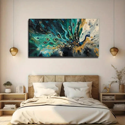 Modern Bohemian Teal Blue Gold Wall Art Canvas Office Home Room Framed 120x60cm