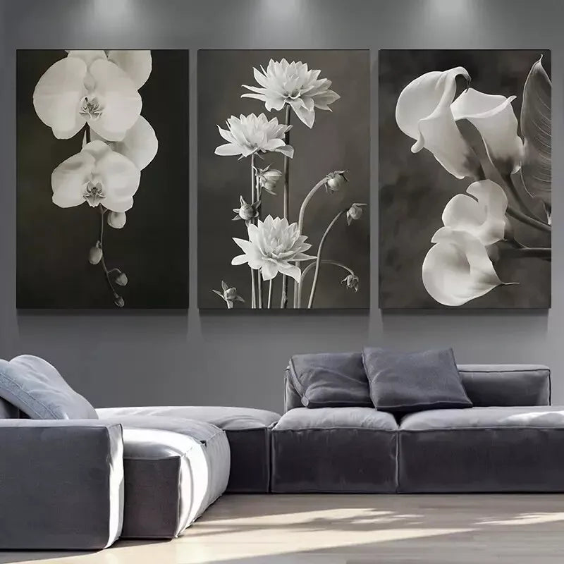 3pcs Beautiful Flower Painting Black And White Canvas Framed 40x60cm - High Quality Print 100% Australian Made Wall Canvas Ready to Hang