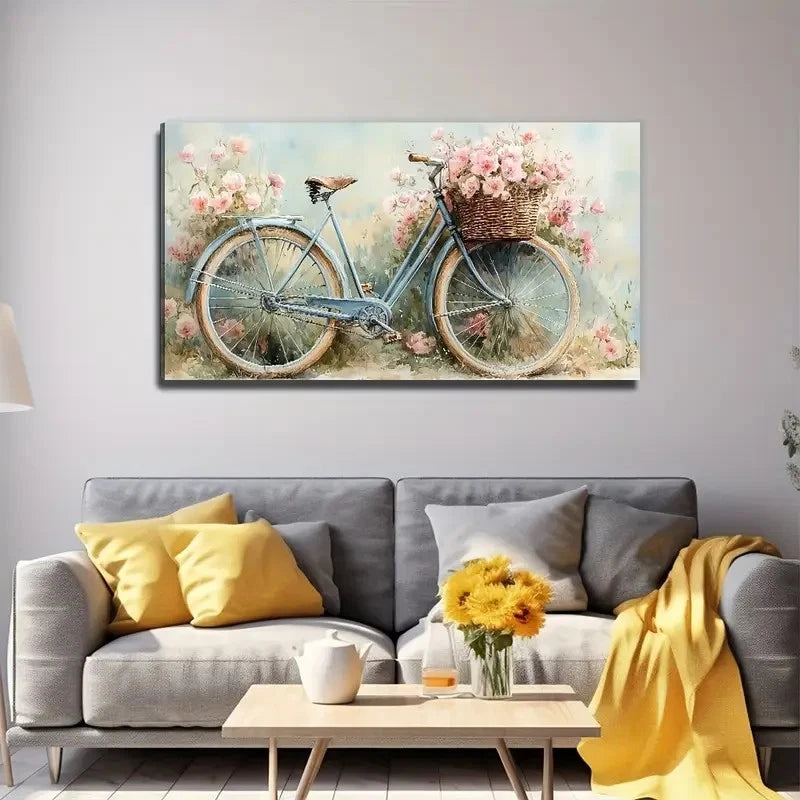 Flowers In The Bicycle Basket Wall Art Canvas Office Home Room Framed 120x60cm - Bella Home Decor