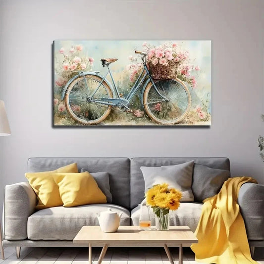 Flowers In The Bicycle Basket Wall Art Canvas Office Home Room Framed 120x60cm