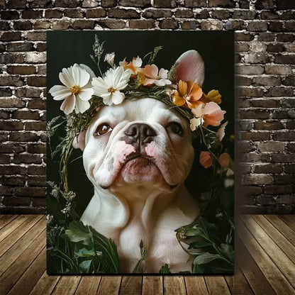 Adorable Bulldog with Floral Crown Painting 40x60cm Metal Print Ready to Hang