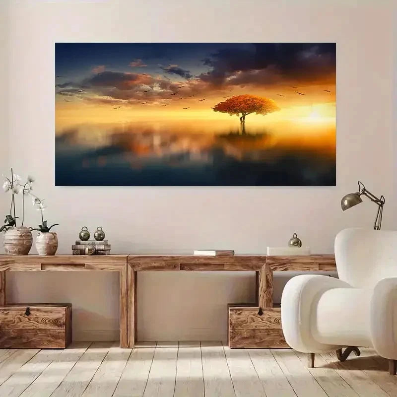 Vibrant Sunset Hues Central Wall Art Canvas Office Home Room Framed 120x60cm