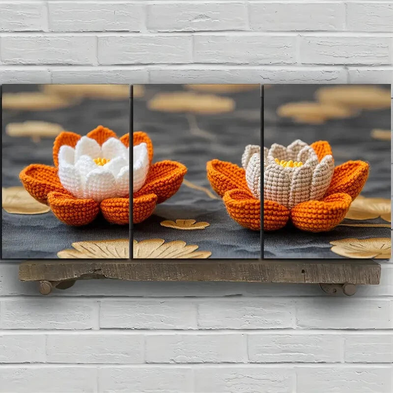 3pcs Water Lily Trio Golden White Metal Print Ready to Hang Art - Bella Home Decor