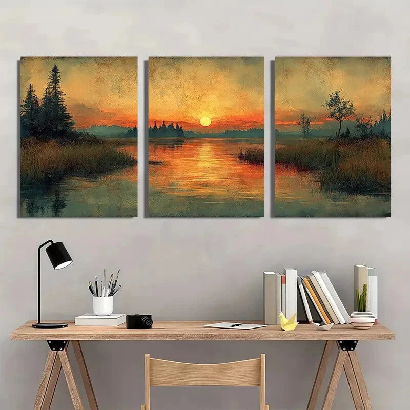 3pcs Antique Hill and Marshland Landscape Art Metal Print Ready to Hang Art - Bella Home Decor