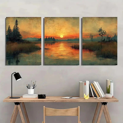 3pcs Antique Hill and Marshland Landscape Art Metal Print Ready to Hang Art - Bella Home Decor