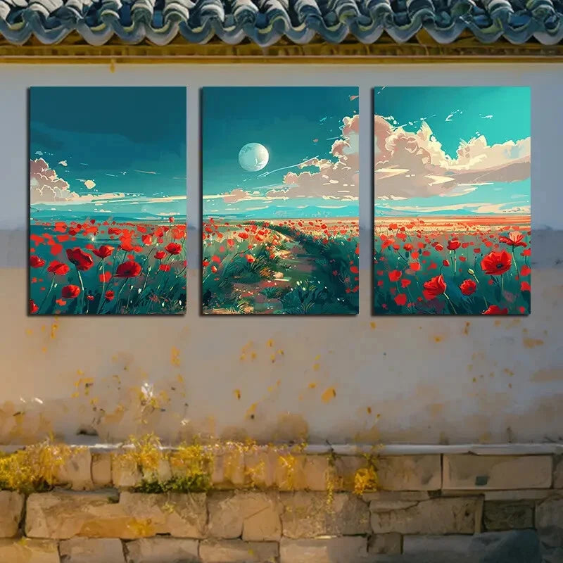 3pcs Vibrant Floral Fields and Moonlit Sky Metal Print Ready to Hang Art - Bella Home Decor