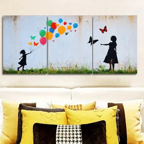 3pcs Little girl and butterfly balloon Wall Art Canvas Unframed - High Quality Print 100% Australian Made Wall Canvas