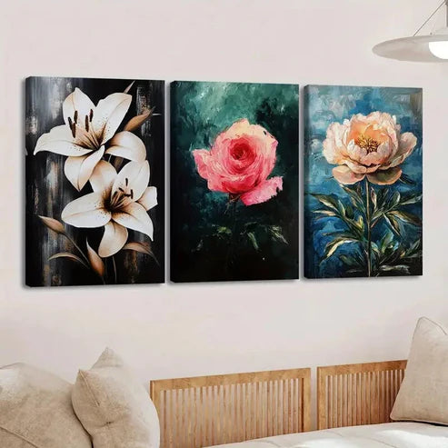 3pcs Florals Lily Rose Black Green & Blue Leaves Wall Art Set Canvas Unframed - High Quality Print 100% Australian Made Wall Canvas